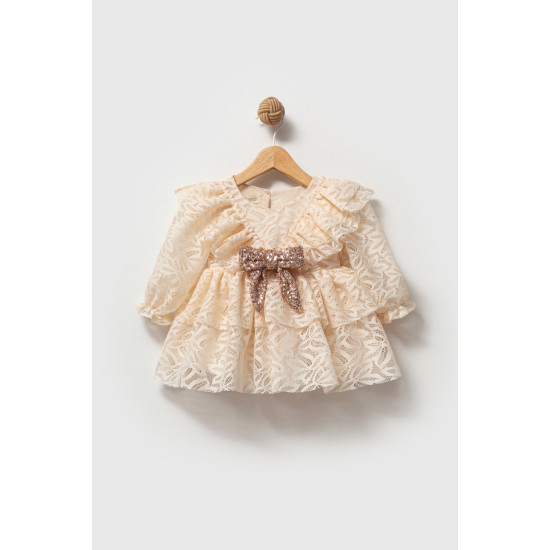 Kız Bebek Elbise Kız Çocuk Elbise Yakalı Doğum Günü Parti Düğün Özel Gün Uzun Kol Fiyonklu Astarlı