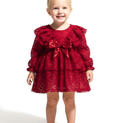 Kız Bebek Elbise Kız Çocuk Elbise Yakalı Doğum Günü Parti Düğün Özel Gün Uzun Kol Fiyonklu Astarlı Kırmızı 