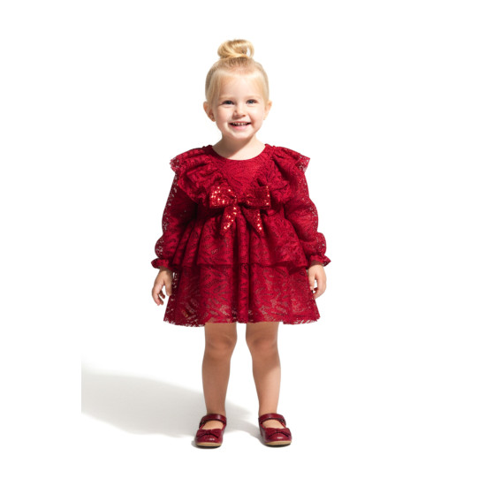 Kız Bebek Elbise Kız Çocuk Elbise Yakalı Doğum Günü Parti Düğün Özel Gün Uzun Kol Fiyonklu Astarlı Kırmızı