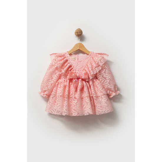 Kız Bebek Elbise Kız Çocuk Elbise Yakalı Doğum Günü Parti Düğün Özel Gün Uzun Kol Fiyonklu Astarlı Pembe