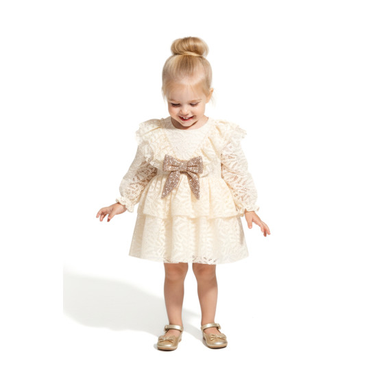 Kız Bebek Elbise Kız Çocuk Elbise Yakalı Doğum Günü Parti Düğün Özel Gün Uzun Kol Fiyonklu Astarlı