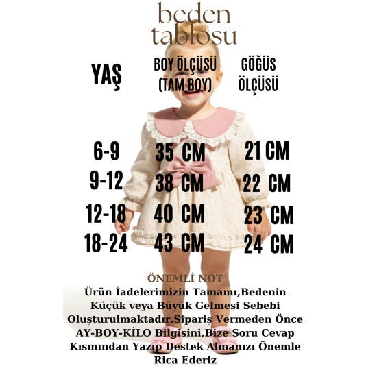 Kız Bebek Elbise Kız Çocuk Elbise Yakalı Doğum Günü Parti Düğün Özel Gün Uzun Kol Astarlı Çiçekli Açık Pembe