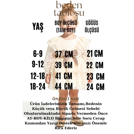 Kız Bebek Elbise Kız Çocuk Elbise Yakalı Doğum Günü Parti Düğün Özel Gün Uzun Kol Fiyonklu Astarlı