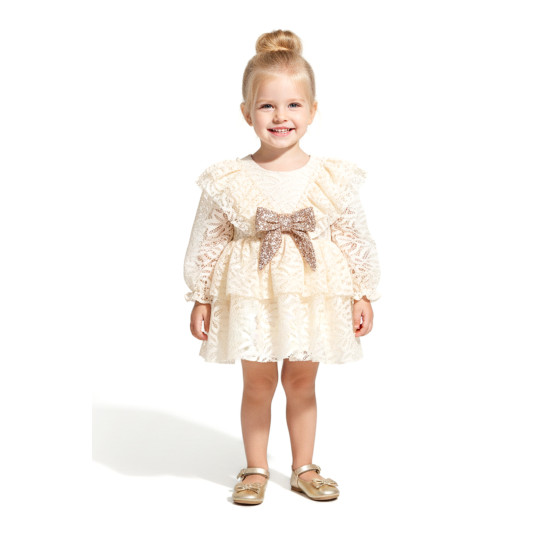 Kız Bebek Elbise Kız Çocuk Elbise Yakalı Doğum Günü Parti Düğün Özel Gün Uzun Kol Fiyonklu Astarlı