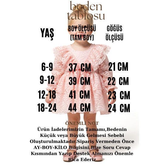Kız Bebek Elbise Kız Çocuk Elbise Yakalı Doğum Günü Parti Düğün Özel Gün Uzun Kol Fiyonklu Astarlı Pembe