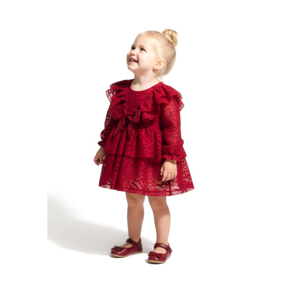 Kız Bebek Elbise Kız Çocuk Elbise Yakalı Doğum Günü Parti Düğün Özel Gün Uzun Kol Fiyonklu Astarlı Kırmızı