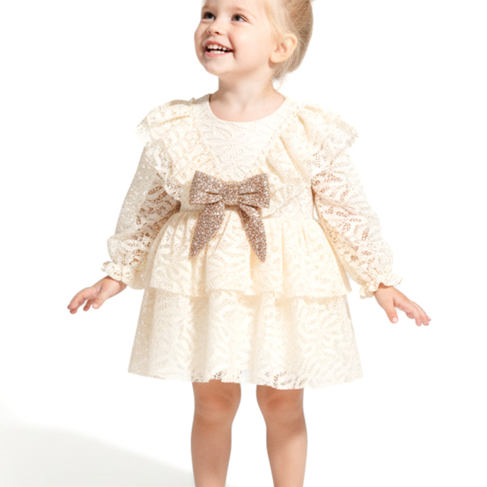 Kız Bebek Elbise Kız Çocuk Elbise Yakalı Doğum Günü Parti Düğün Özel Gün Uzun Kol Fiyonklu Astarlı Krem