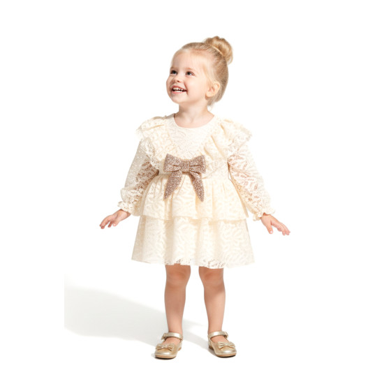 Kız Bebek Elbise Kız Çocuk Elbise Yakalı Doğum Günü Parti Düğün Özel Gün Uzun Kol Fiyonklu Astarlı