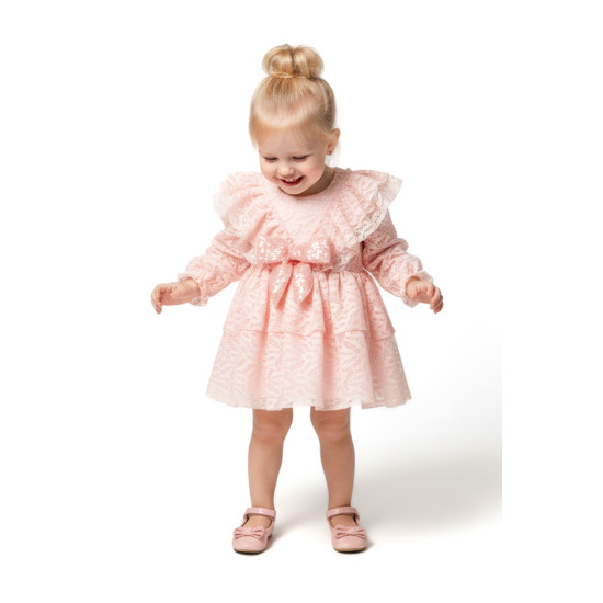 Kız Bebek Elbise Kız Çocuk Elbise Yakalı Doğum Günü Parti Düğün Özel Gün Uzun Kol Fiyonklu Astarlı Pembe