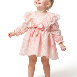 Kız Bebek Elbise Kız Çocuk Elbise Yakalı Doğum Günü Parti Düğün Özel Gün Uzun Kol Fiyonklu Astarlı Pembe