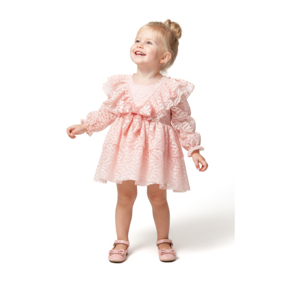 Kız Bebek Elbise Kız Çocuk Elbise Yakalı Doğum Günü Parti Düğün Özel Gün Uzun Kol Fiyonklu Astarlı Pembe