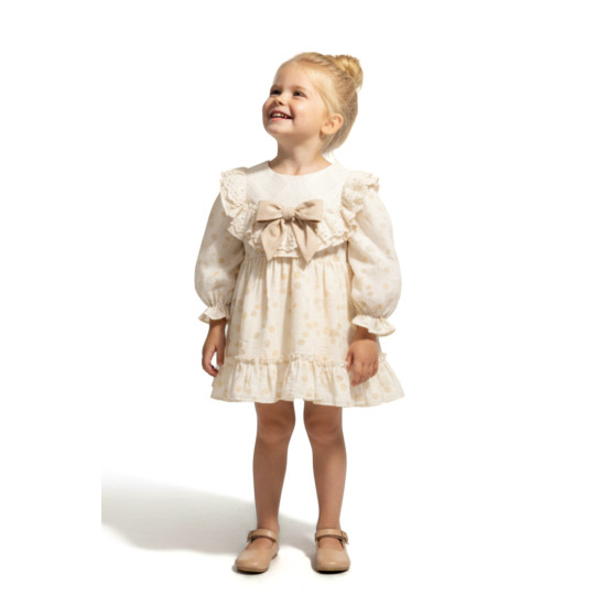 Kız Bebek Elbise Kız Çocuk Elbise Puanlı Doğum Günü Parti Düğün Özel Gün Uzun Kol Fiyonk Astarlı Krem