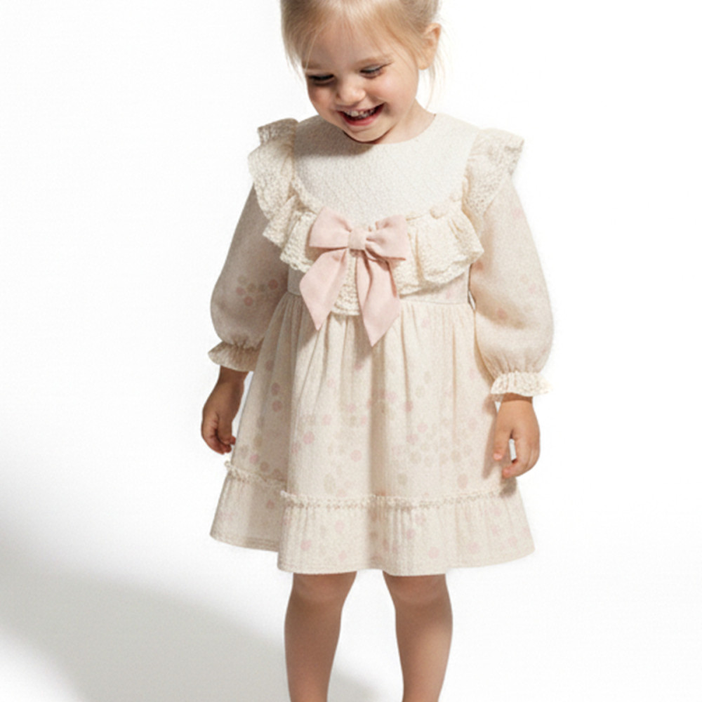 Kız Bebek Elbise Kız Çocuk Elbise Puanlı Doğum Günü Parti Düğün Özel Gün Uzun Kol Fiyonk Astarlı Pembe
