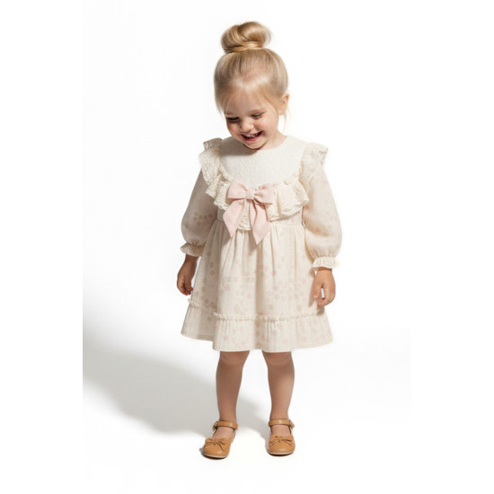 Kız Bebek Elbise Kız Çocuk Elbise Puanlı Doğum Günü Parti Düğün Özel Gün Uzun Kol Fiyonk Astarlı Pembe