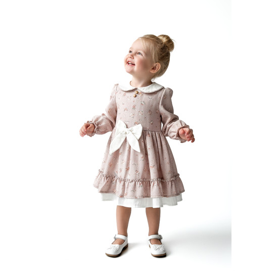 Kız Bebek Elbise Kız Çocuk Elbise Yakalı Doğum Günü Parti Düğün Özel Gün Uzun Kol Fiyonklu Çiçekli