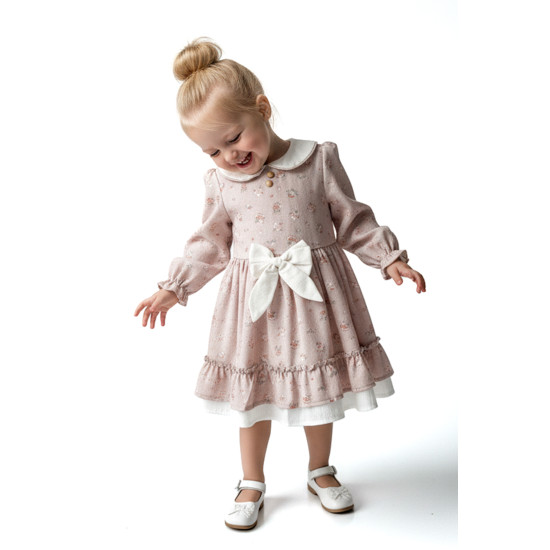 Kız Bebek Elbise Kız Çocuk Elbise Yakalı Doğum Günü Parti Düğün Özel Gün Uzun Kol Fiyonklu Çiçekli