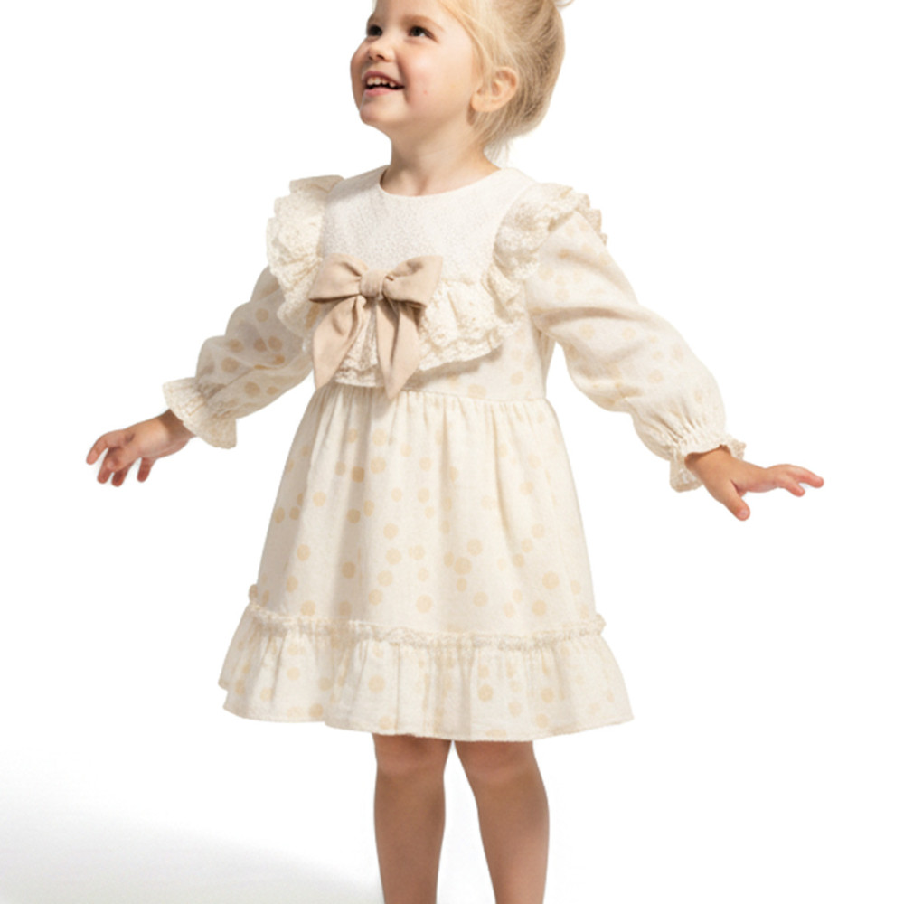 Kız Bebek Elbise Kız Çocuk Elbise Puanlı Doğum Günü Parti Düğün Özel Gün Uzun Kol Fiyonk Astarlı Krem