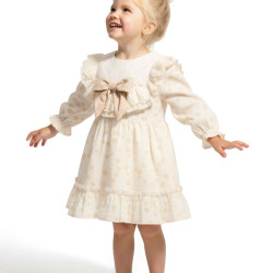 Kız Bebek Elbise Kız Çocuk Elbise Puanlı Doğum Günü Parti Düğün Özel Gün Uzun Kol Fiyonk Astarlı Krem