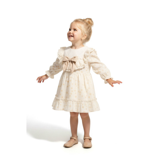 Kız Bebek Elbise Kız Çocuk Elbise Puanlı Doğum Günü Parti Düğün Özel Gün Uzun Kol Fiyonk Astarlı Krem