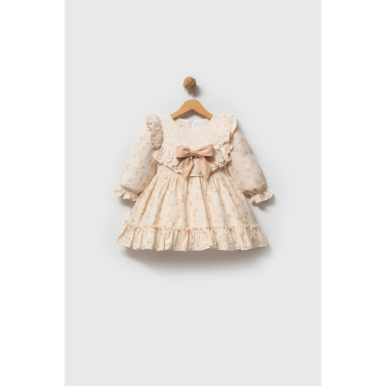 Kız Bebek Elbise Kız Çocuk Elbise Puanlı Doğum Günü Parti Düğün Özel Gün Uzun Kol Fiyonk Astarlı Krem