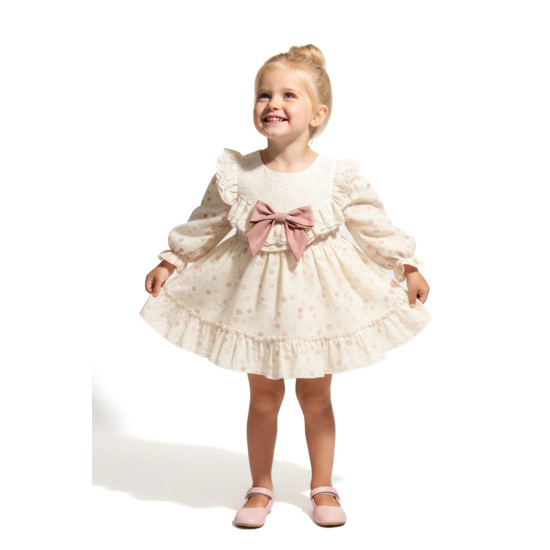 Kız Bebek Elbise Kız Çocuk Elbise Puanlı Doğum Günü Parti Düğün Özel Gün Uzun Kol Fiyonk Astarlı Koyu Pembe