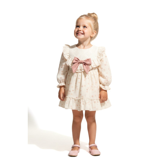 Kız Bebek Elbise Kız Çocuk Elbise Puanlı Doğum Günü Parti Düğün Özel Gün Uzun Kol Fiyonk Astarlı Koyu Pembe