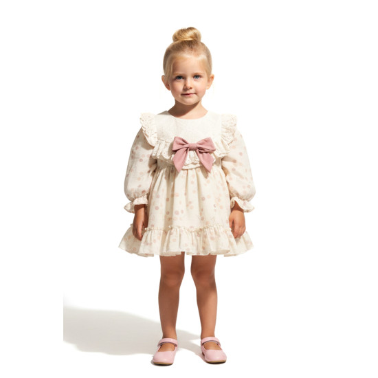 Kız Bebek Elbise Kız Çocuk Elbise Puanlı Doğum Günü Parti Düğün Özel Gün Uzun Kol Fiyonk Astarlı Koyu Pembe