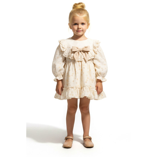 Kız Bebek Elbise Kız Çocuk Elbise Puanlı Doğum Günü Parti Düğün Özel Gün Uzun Kol Fiyonk Astarlı Krem