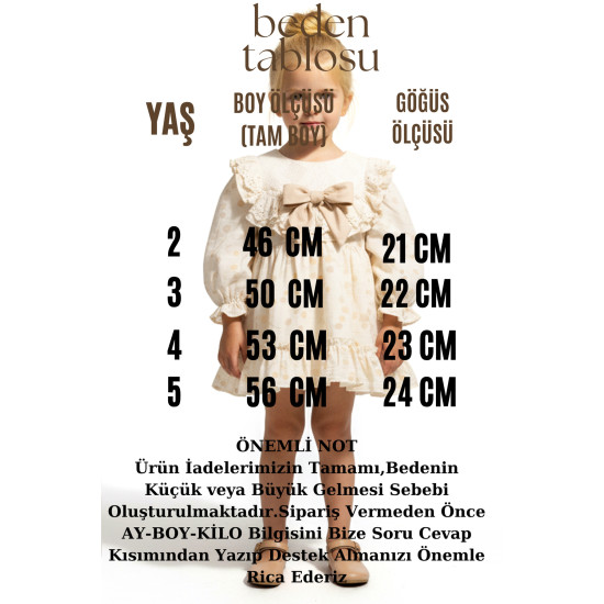 Kız Bebek Elbise Kız Çocuk Elbise Puanlı Doğum Günü Parti Düğün Özel Gün Uzun Kol Fiyonk Astarlı Krem