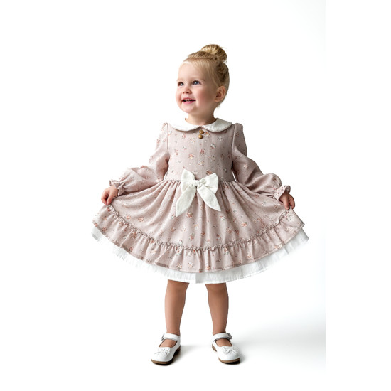 Kız Bebek Elbise Kız Çocuk Elbise Yakalı Doğum Günü Parti Düğün Özel Gün Uzun Kol Fiyonklu Çiçekli