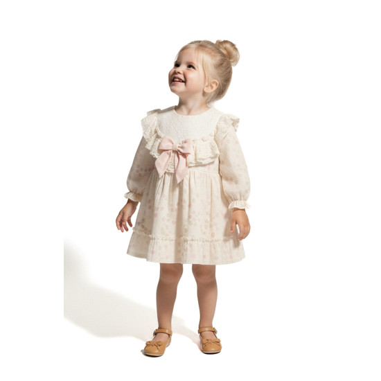 Kız Bebek Elbise Kız Çocuk Elbise Puanlı Doğum Günü Parti Düğün Özel Gün Uzun Kol Fiyonk Astarlı Pembe