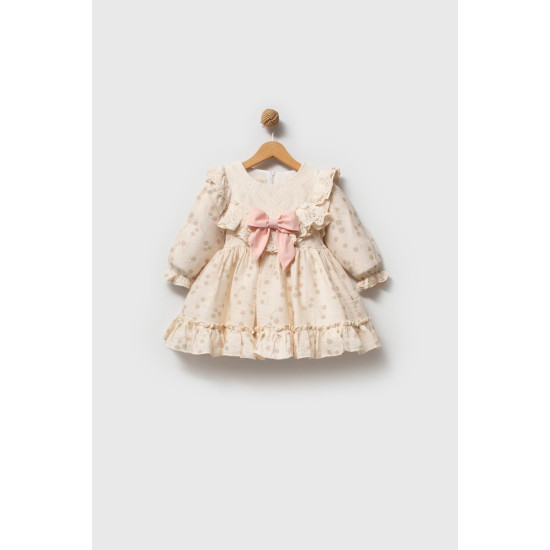 Kız Bebek Elbise Kız Çocuk Elbise Puanlı Doğum Günü Parti Düğün Özel Gün Uzun Kol Fiyonk Astarlı Pembe