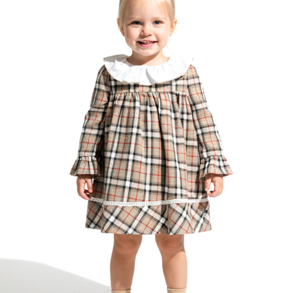 Kız Bebek Elbise Kız Çocuk Elbise Yakalı Doğum Günü Parti Düğün Özel Gün Uzun Kol Astarlı Ekose