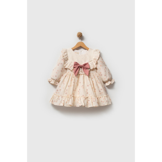 Kız Bebek Elbise Kız Çocuk Elbise Puanlı Doğum Günü Parti Düğün Özel Gün Uzun Kol Fiyonk Astarlı Koyu Pembe