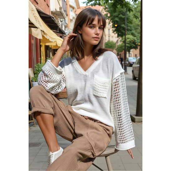 Kadın Bej Salaş Kolları File Detaylı Kapişonlu Örgü Triko Kazak-Sweatshirt CCK95006260