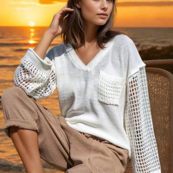 Kadın Bej Salaş Kolları File Detaylı Kapişonlu Örgü Triko Kazak-Sweatshirt CCK95006260