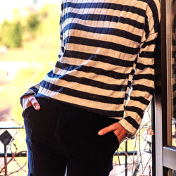 Kadın Lacivert Ekru Çizgili Uzun Kol Fitilli Kırçıllı İnce Triko Bluz 700-2748121