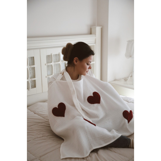 Dery Baby 4 Katlı Müslin Teddy Emzirme Önlüğü Kırmızı Kalpli