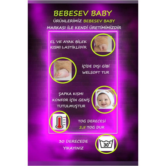 Welsoft Peluş Unisex Fermuarlı Bebek Uyku Tulumu Bebek Tulumu Çocuk Tulumu Çocuk Kostümü Pembe Siyah