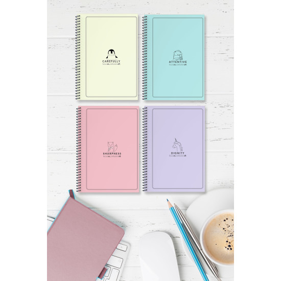 4'lü Set Çizgisiz Spiralli A5 Kalın Karton Kapak Pastel Seri 96 Sayfa Defter Çek Kopart Sayfa Mikro Perforaj