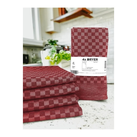 Kentsoylu Mutfak Kurulama Bezi 4 Adet Koyu Bordo - Kırmızı Damalı Desen 40x60 cm
