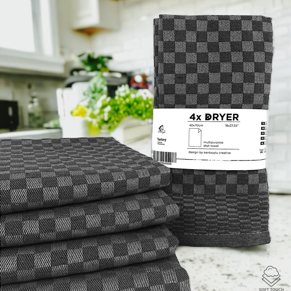 Kentsoylu Mutfak Kurulama Bezi 4 Adet Koyu Gri Damalı Desen 40x60 cm