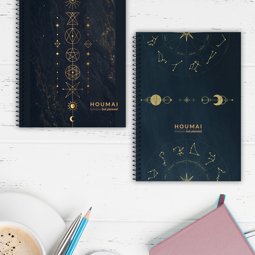 A5 Spiralli Defter 2'li Set Kareli 96 Sayfa Karton Kapak Houmai Mistik ve Umay Zodyak