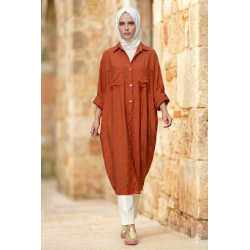Pasaklı Giyim Kadın Oversize Yarasa Kol Tesettüre Uygun Gömlek Elbise-Tesettür Tunik 3282528 Kiremit