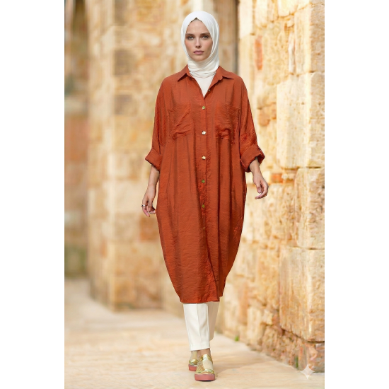 Pasaklı Giyim Kadın Oversize Yarasa Kol Tesettüre Uygun Gömlek Elbise-Tesettür Tunik 3282528 Kiremit