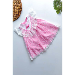 0–2 Yaş Kız Bebek Yazlık Elbise | Kısa Kollu Tüllü Tütü Astarlı Pembe Elbise