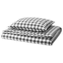 IKEA EKTANDVINGE - tek kişilik nevresim seti, 150x200/50x60 cm (beyaz siyah-kareli)