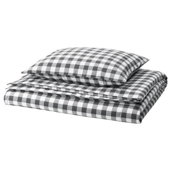 IKEA EKTANDVINGE - tek kişilik nevresim seti, 150x200/50x60 cm (beyaz siyah-kareli) beyaz siyah-kareli