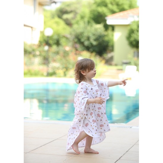 Kapşonlu Organik  Müslin 1-5 Yaş Bebek Çocuk Panço, Unicorn Desenli Kol Altından Bağlamalı Çocuk Havlusu, Plaj, Havuz ve Küvet Sonrası Kurulama Havlusu, OEKO-TEX sertifikalı Organik Panço