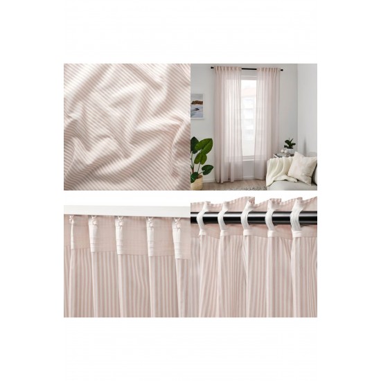 IKEA Bymott Fon Perde/2 Kanat, Beyaz-bej-çizgili, 120x300 cm
